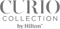 The image contains the logo for "Curio Collection by Hilton," featuring the brand name in stylized text.